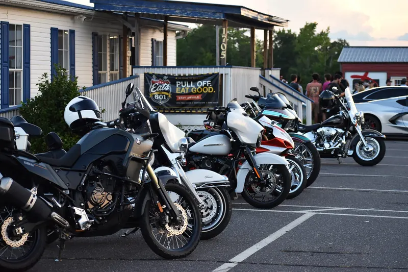 Bike night at Eats on 601 in Mocksville, bikes parked under the Eats banner