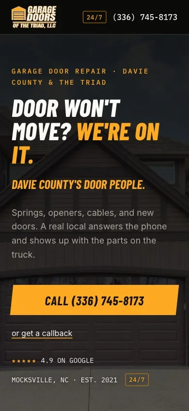 The Garage Doors of the Triad website we built, home page on a phone