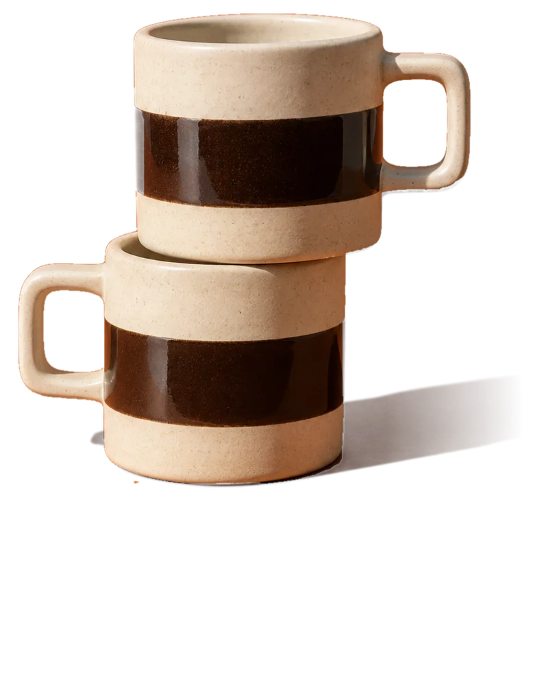 Two Double Shot espresso cups stacked in afternoon sun